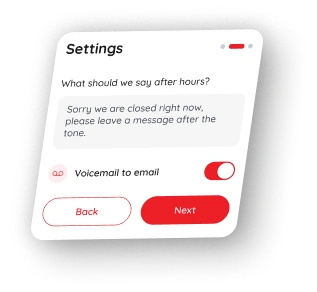 Settings card with after hours message, voicemail to email toggle, and navigation buttons