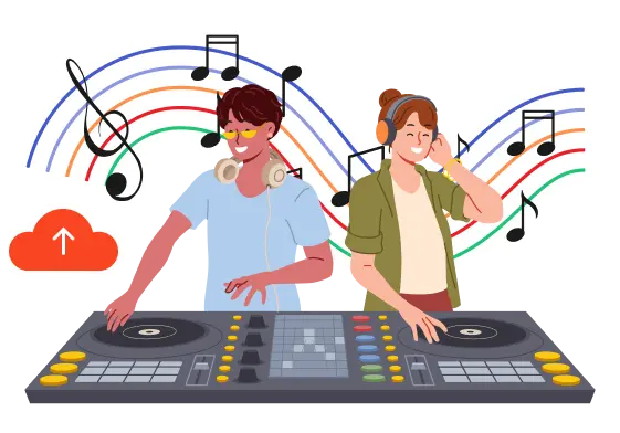 Illustration of two DJs using a mixing console with music notes around them.
